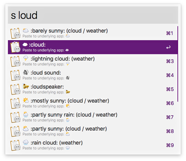 A list within Alfred with weather emoji